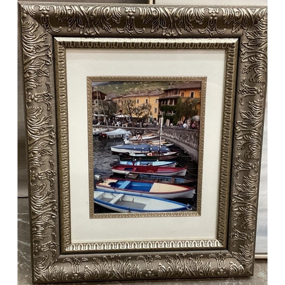 Framed Photograph Mediterranean Harbor Coastal Village Wall Art Silver Frame